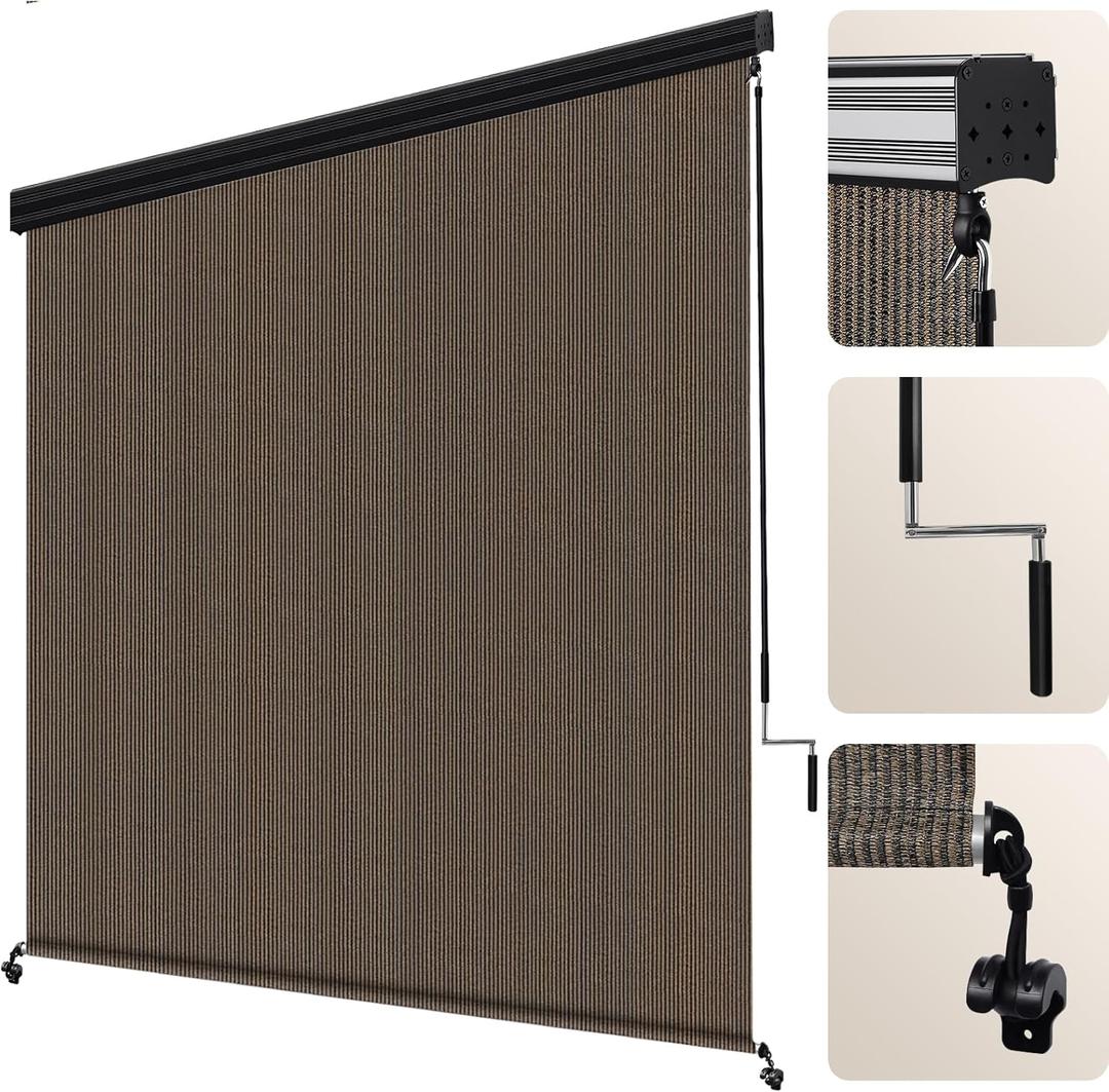 Artpuch Outdoor Roller Shade 8' W x 8' H Fabric Blind Mocha Outdoor Roll Up Shade with Aluminum Valance, Wand Operation Exterior Roller Shades Cloth for Patio Porch Gazebo