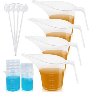 Artcome Funnel Pitcher Set - 4 Pack, 1000ml Plastic Measuring Pitchers with Funnels, 4 Stirring Rods, and 15 Small Measuring Cups for Soap Making, Resin Casting, Baking, and DIY Crafts