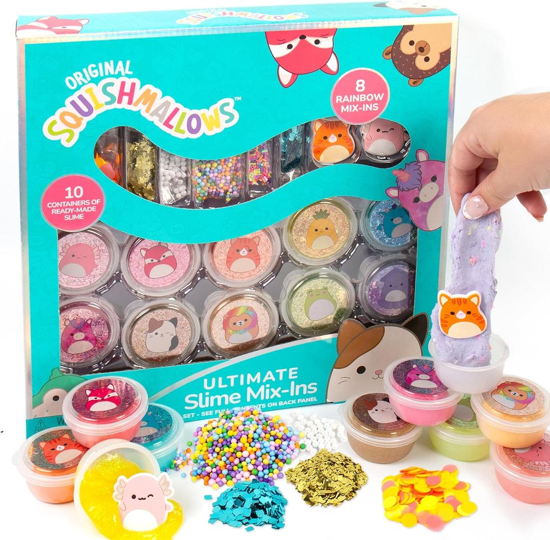 Squishmallows Ultimate Slime Mix'Ins, 10-Pack, Glitter & Cloud Slime, 8 Fun Add Ins, Pre-Made for Kids, Crunchy, Bulk, Great 6 Year Old Toys, Super Soft Sludge Toy