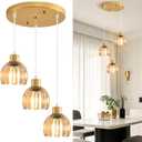 3-Light Pendant Lights Kitchen Island, Gold Mid Century Modern Pendant Light Fixtures, Industrial Chandelier with Amber Glass Shade, Adjustable Ceiling Hanging Lamp For Dining Room Hallway Living Room
