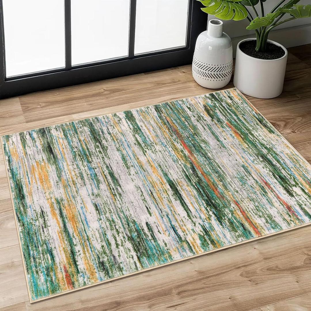 2x3 Green Teal Orange Multi Modern Abstract Rug for Entryway, Super Soft Small Washable Area Rug, Non-Slip Kitchen Rugs, Low-Pile Mat for Bedside, Foyer, Indoor Door Mat