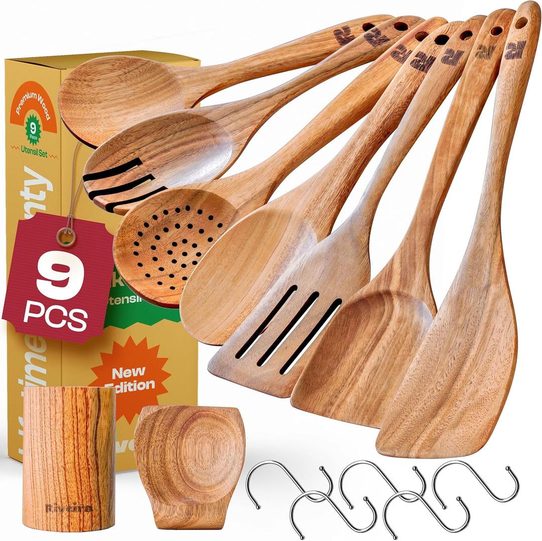 Riveira 9 Pieces Teak Wooden Spoons For Cooking  Premium & Durable Organic Teak Wooden Cooking Utensils  Non Stick Wooden Spatula For Cooking  Non Toxic Utensil Set With Holder & Spoon Rest