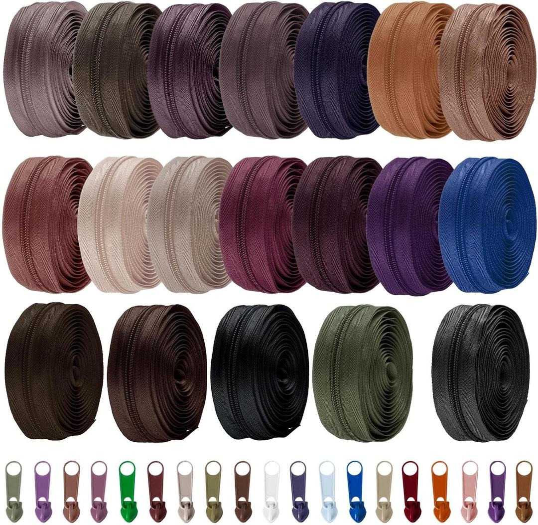 WILLBOND 100 Yards 20 Pcs Sewing Zippers Bulk #5 Nylon Coil Zippers 20 Color Assorted Zipper for Sewing with 200 Zipper Sliders for DIY Tailor Bags Purses Crafts Supplies(Retro Color)