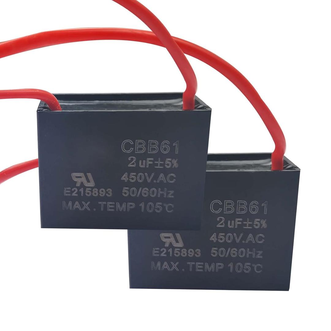CBB61 Ceiling Fan Capacitor 2 Wire 2uf Compatible with 400/350/300/250VAC Fan Capacitor 50/60Hz CBB61-2uf2 Pack