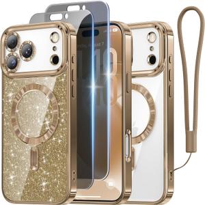 Meifigno Designed for iPhone 17 Pro Case with 2X Privacy Screen Protectors 6.3", [Glitter Card & Wrist Strap] [Compatible with MagSafe] Surround Lens Protection for 17 Pro Case Women, Desert Titanium