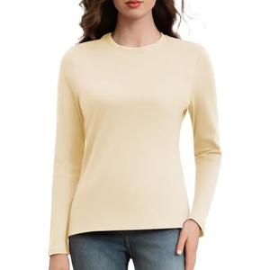 Cotton Long Sleeve Shirts for Women Crew Neck Tee Tshirts Casual Plain Basic Fall Tops Loose Fit (Beige, Medium)