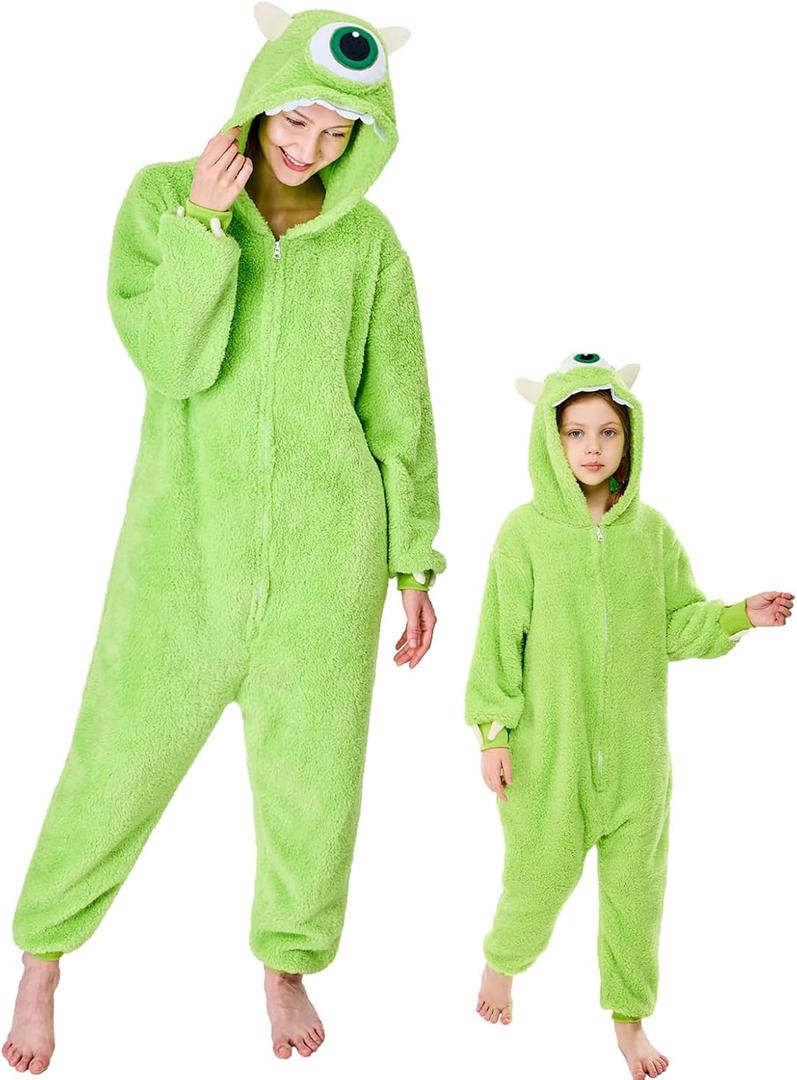 GONAAP Adult Onesie Pajamas Sherpa Animal One Piece Cosplay Costume for Women Men(Mike Wazowski, 13-14Years)