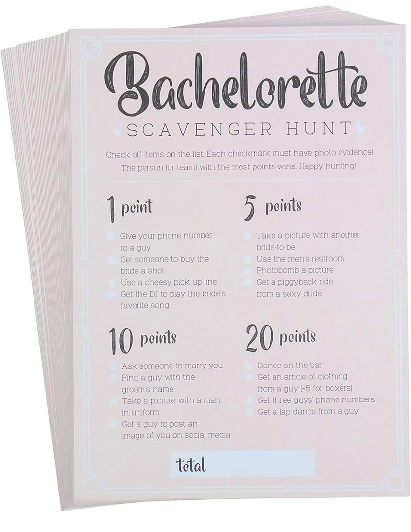 Juvale Bachelorette Party Games - 50-Pack Bar Scavenger Hunt Drinking Game and Dares, Fun Novelty Cards for Girls Night Out, Bachelorette Party Supplies, 5 x 7 Inches