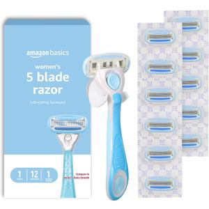 Amazon Basics 5-Blade Razor Handle for Women, Includes 12 Cartridges and Shower Hanger, 14 Piece Set, Blue