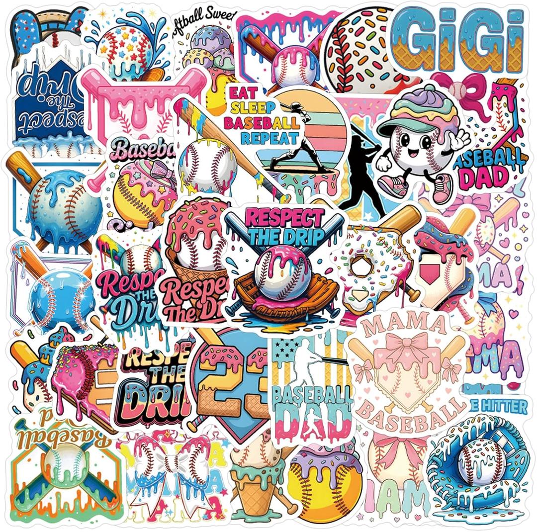 Ice Cream Drip Baseball Stickers 50Pcs, Funny Ice Cream Drip Baseball Stickers Waterproof Vinyl Gifts for Phone, Water Bottle, Luggage, Laptop, Adults Teens
