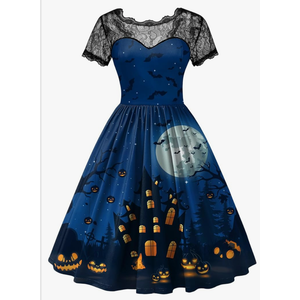Women Halloween Party Costume Vintage Swing Lace Short Sleeve Witch Dress Size M