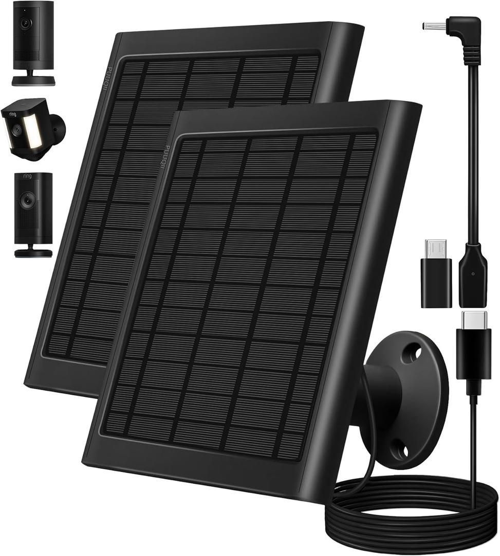 8W Solar Panel for Ring Camera, 2-Pack Solar Panel Charger Compatible with Ring Stick Up Cam Battery, Spotlight Cam Battery, Includes Barrel Plug to USB-C Adapter, IP65 Waterproof, 10ft Cable