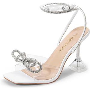 DREAM PAIRS Stiletto Bow Heels for Women Strappy Sparkly Rhinestone Square Toe Clear Crystal High Sandals for Party Wedding (7, White-pu)