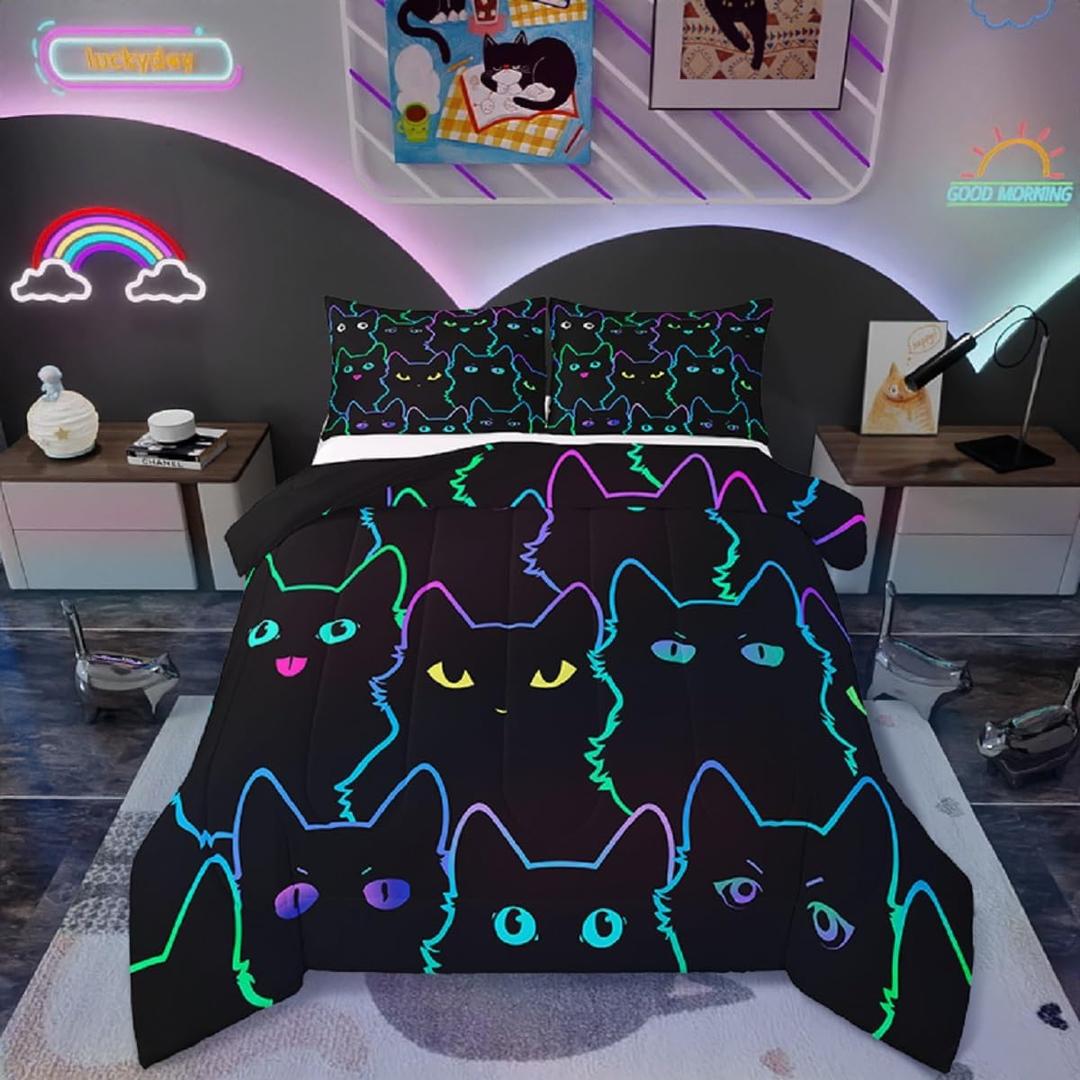 Cute Cat Kids Comforter Neon Rainbow Line Cat Bedding for Girls Boys Teen Cartoon Kawaii Cats Toddler Bed Colorful Animals Quilt Reversible Black, Size 82" x 82"