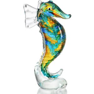 QFkris 8" Handmade Blown Glass Blue Seahorse Figurines Collectible Art Glass Blown Animal Sculpture for Home Decor