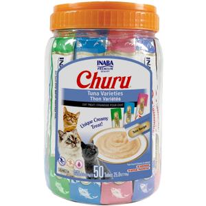 INABA Churu Cat Treats, Grain-Free, Lickable, Squeezable Creamy Pure Cat Treat/Topper with Vitamin E & Taurine, 0.5 Ounces Each Tube, 50 Tubes, Tuna Variety