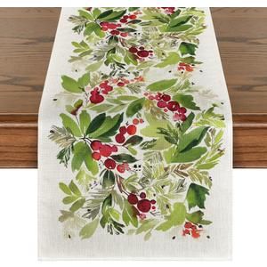 Artoid Mode Watercolor Holly Christmas Table Runner, Seasonal Winter Xmas Holiday Kitchen Dining Table Decoration for Indoor Outdoor Home Party Decor 13 x 120 Inch (Green)