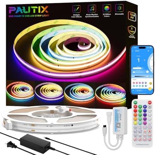 PAUTIX RGB Smart IC COB LED Strip Light Addressable 32.8ft/10m,UL-Listed 24V Color Flowing Strip Light Multicolor Flexible Tape Lights with APP Control/Music Mode,for TV,Bedroom,Party DIY Decoration