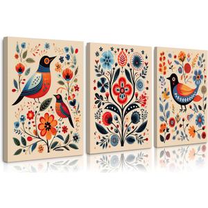Scandinavian Folk Wall Art Nodic Flower Canvas Wall Decor Norwegian Wall Art Poster Swedish Antique Wall Decor Pictures Floral Bird Prints Vintage Poster for Home Kitchen 12x16x3 Inch Ready to Hang