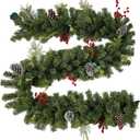 prelit Christmas Garland 9 ft with Lights - Red Style Pre lit Garland for Christmas Holiday Decorations. Thick Branch 230 Tips. 50 led Warm Yellow Lights| Pine Cones Dyed White| Red Berries