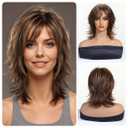 Fashion Brown Wavy Short Curly Human Hair Wigs With Layered Bangs For Mature Women Daily Wear (Brown,16inch)