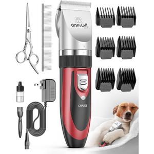 oneisall Dog Shaver Clippers Low Noise Rechargeable Cordless Electric Quiet Hair Clippers Set for Dogs Cats Pets (Red)