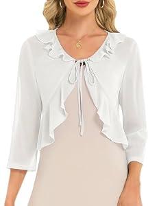 Wedtrend Womens Cardigan Tie Front Lightweight Women Cropped Sweater 3/ 4 Sleeve Women Shrugs Sheer White Shrug for Evening Dresses RWTPJ004WhiteM