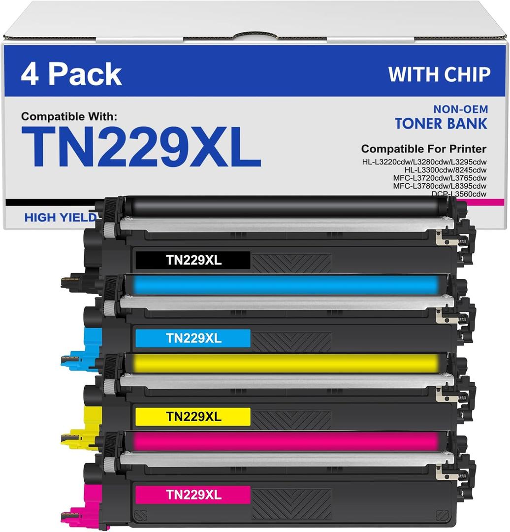 TN229XL TN229 Toner Cartridges 4 Pack MFC-L3780CDW MFC-L3720CDW Compatible for Brother HL-L3280CDW HL-L3220CDW HL-L3300CDW HL-L3295CDW Printer TN 229XL TN-229XL TN229/XL/V BK/C/M/Y High Yield