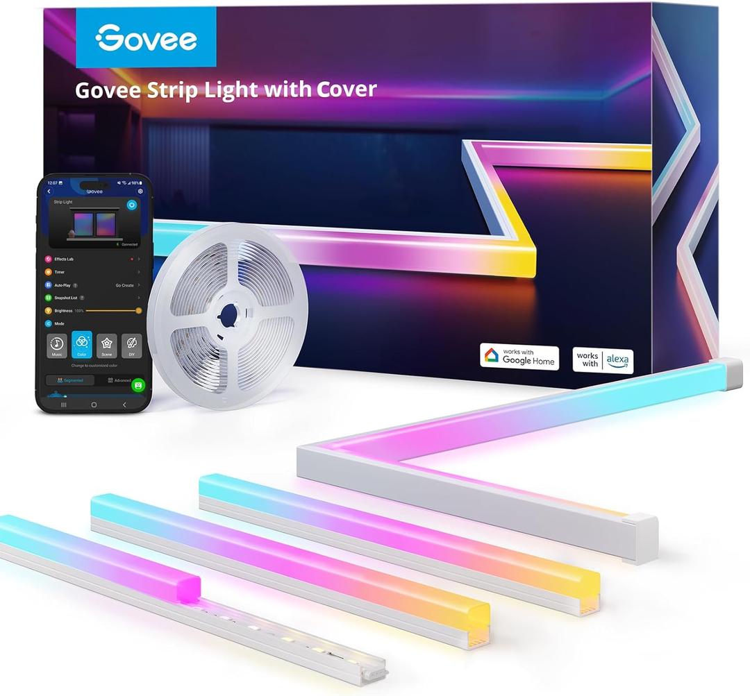 Govee RGBIC LED Strip Lights 16.4ft with Covers, Smart LED Lights for Bedroom Work with Alexa and Google Assistant, LED Diffuser Channel with Srtip Lights, Skirting Lines, Studio, Cabinet