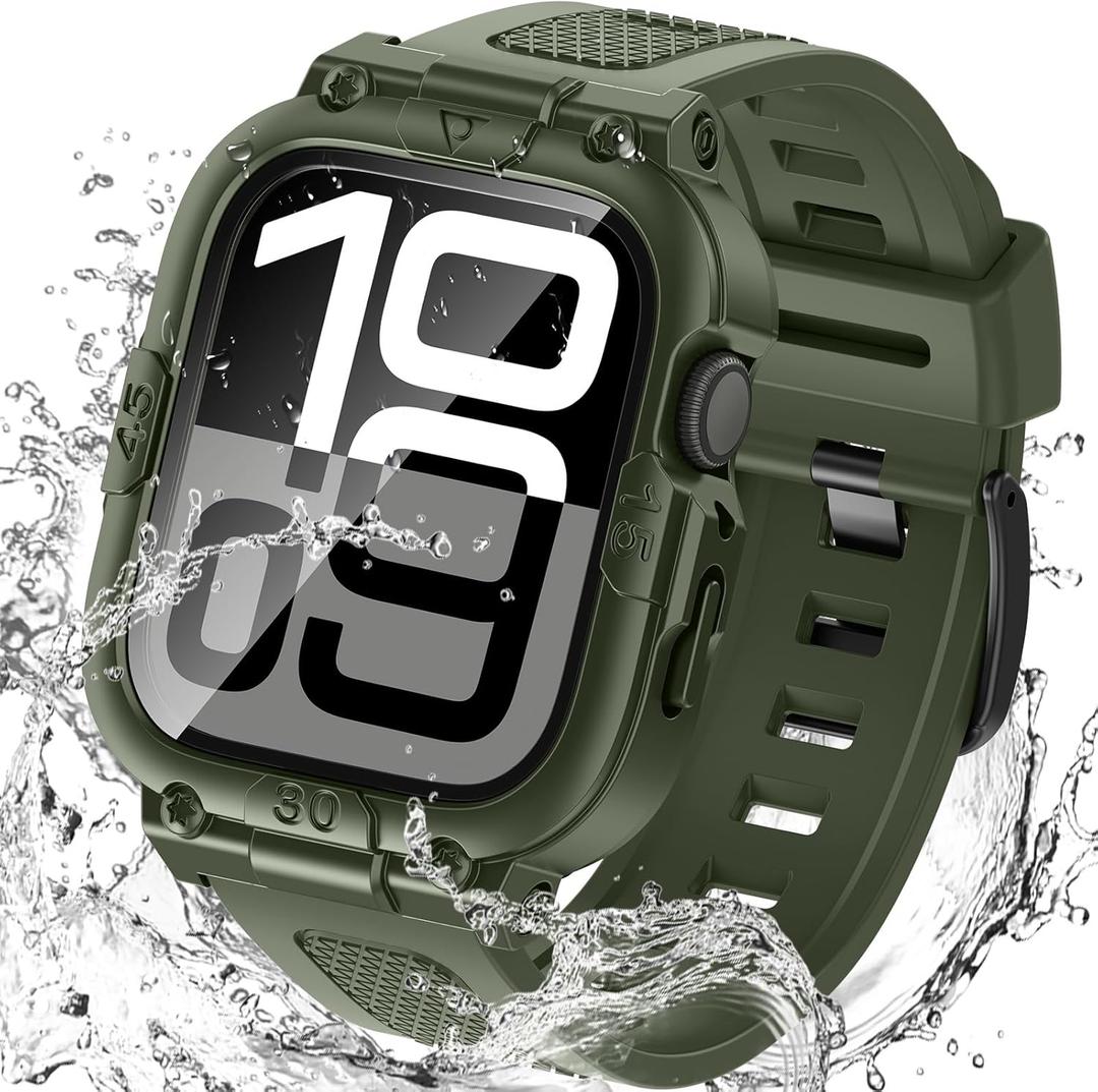 Goton 3 in 1 Waterproof Case with Band for Apple Watch with Built-in Tempered Glass Screen Protector 46mm, 360 Shockproof Bumper Face Cover with Band for Apple Watch Series 11 Series 10, 46mm (Green)