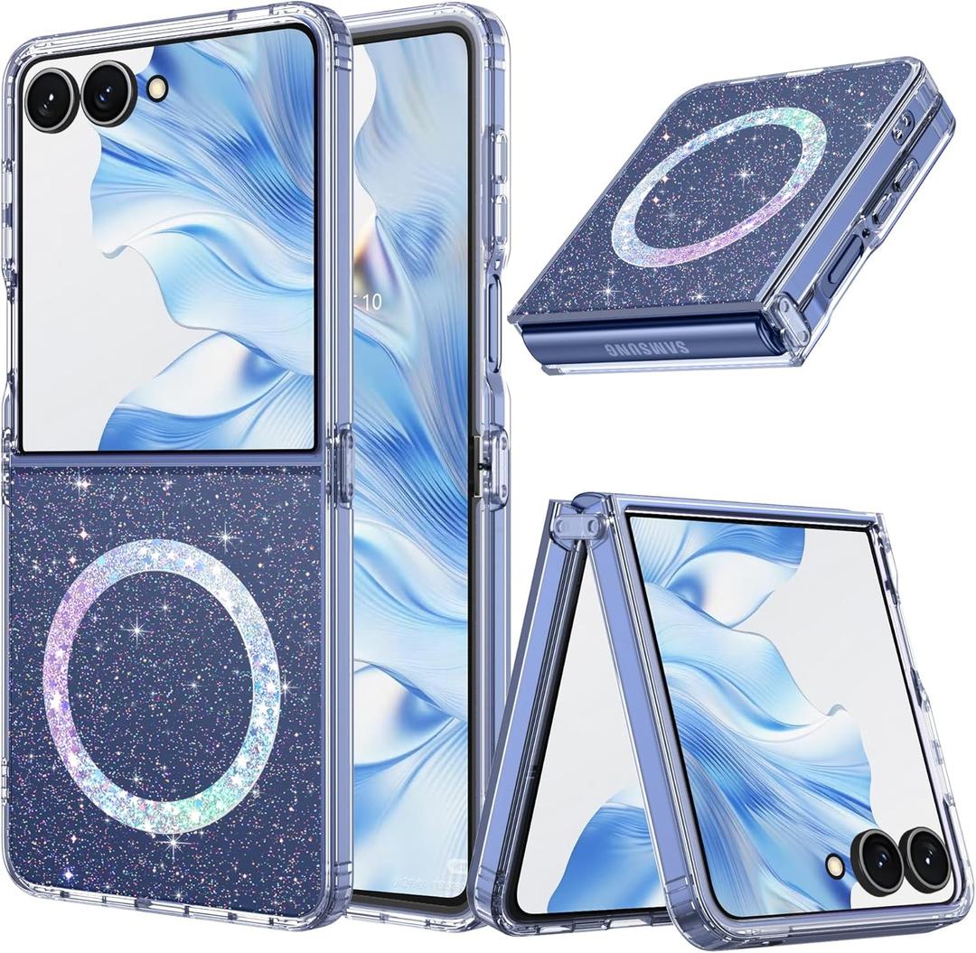 BENTOBEN Magnetic for Samsung Galaxy Z Flip 7 Case, Clear Crystal Glitter Bling Phone Case Flip 7 [Compatible with MagSafe], Shockproof Sparkly Cute Women Girls Cover for Z Flip 7 6.9'', Clear Glitter