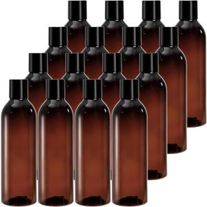 Bekith 16 Pack 8 ounce Amber Empty Plastic Bottles with Disc Top Flip Cap; BPA-Free Refillable Containers For Shampoo, Lotions, Liquid Body Soap, Creams
