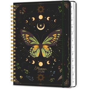 2026 Planner, A5 Weekly and Monthly Planners with Tabs, Spiral Bound Daily Calendar 2026 Planner, Agenda Organizers from Jan. to Dec., Hardcover Habit Tracker Journal 6.18" x 8.5" (Green Butterfly)