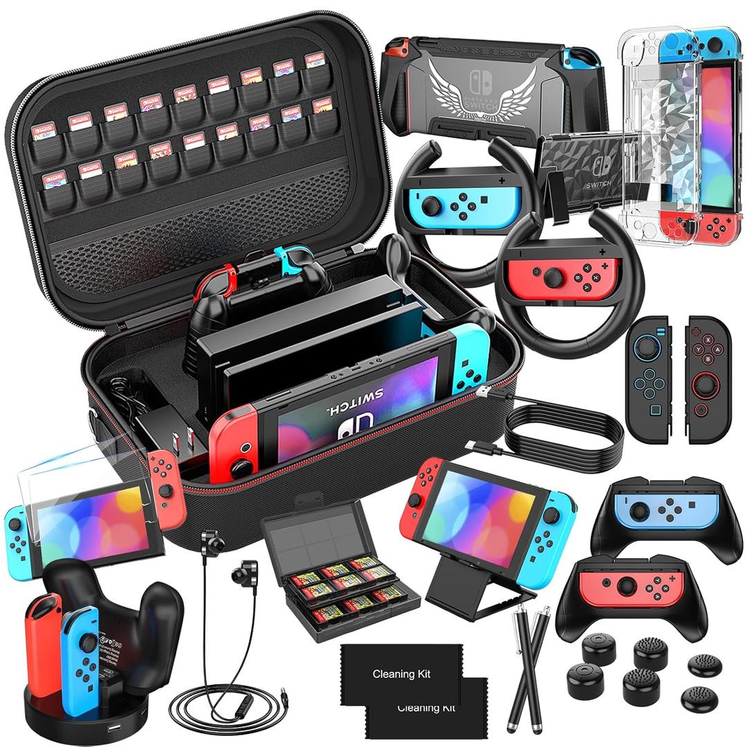 Switch Accessories Bundle 28 in 1 for Nintendo Switch, Switch Christmas Gift Kit with Large Carrying Case, Dockable Protective, Screen Protector, Game Cards Case, Joycon Grip Cover