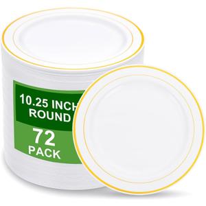 WELLIFE 72PCS Gold Plastic Plate, 10.25Inch Disposable Dinner Plate Party with Gold Rim, Heavy Duty Disposable Plastic Plates for Party, Wedding, Birthday