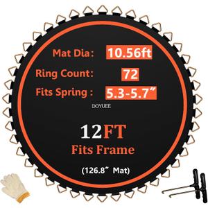 Doyuee Trampoline Mat 12FT，126.8in/ 10.56ft Dia Mat with 72 Rings, Fits 12FT Trampoline Frame Use 5.3"-5.7" Springs, 12ft Replacement Trampoline Mat, Black