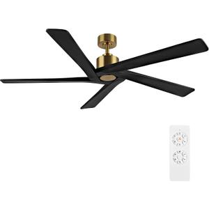 WINGBO 54 Inch DC Ceiling Fan without Lights, 5 Reversible Carved Solid Wood Blades, 6-Speed Noiseless DC Motor, Ceiling Fan No Light with Remote, Brass Finish with Black Blades, ETL Listed