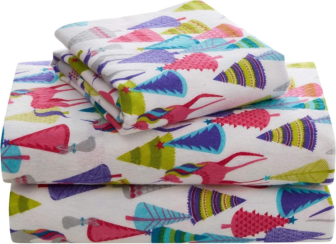 Morgan Home Highline Bedding Co. Flannel Sheet Set King Size- 100% Turkish Cotton, Double-Brushed, Ultra-Soft, Plush, Cozy 4-Piece Set (Unicorn Forest)