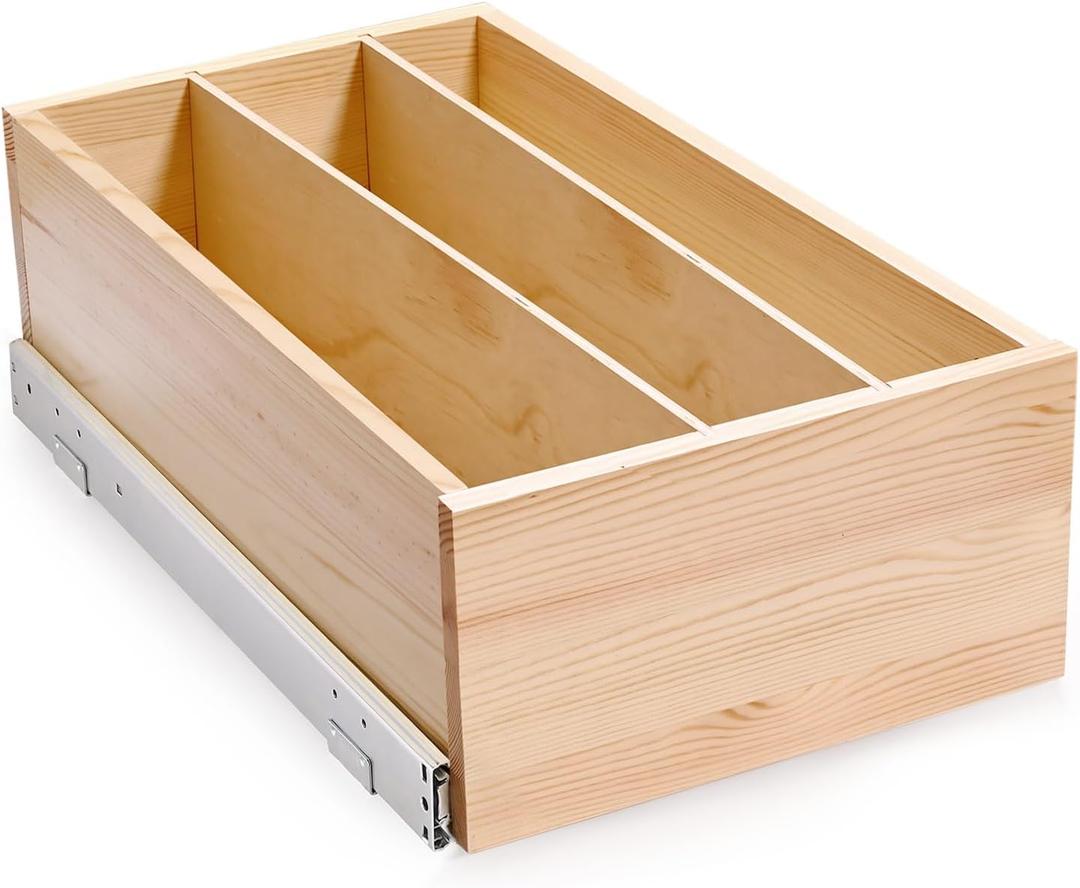 Pull Out Cabinet Organizer with Divider, 13''W21''D7''H Soft Close Wood Drawer for Kitchen Pantry, Finished, Heavy-Duty, Bottom Assembly (Wood Drawer Part Width is 12'')
