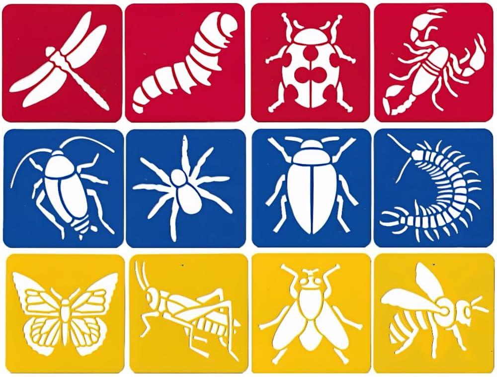 Fun Express Big Bug Stencils for Painting - 12 Piece Reusable Stencils for Crafts & Drawing | Butterfly Bee Dragonfly Animal Shapes for Kids Ages 4-8 | Large Plastic Art Stencil Set for Home & School