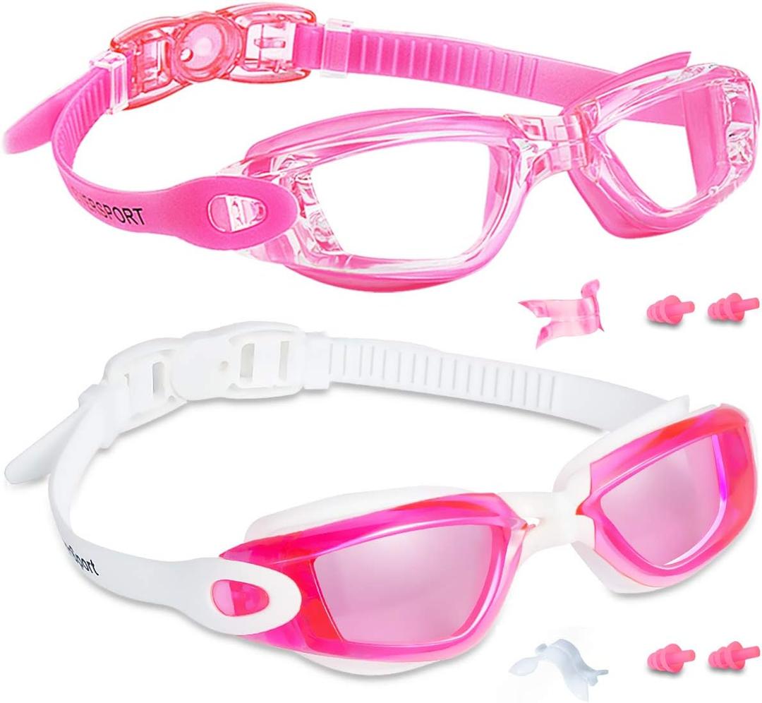 EverSport Kids Swim Goggles, Pack of 2 Swimming Goggles for Children Teens, Anti-Fog Anti-UV Youth Swim Glasses for Age 4-16 (Rosered & Pink)