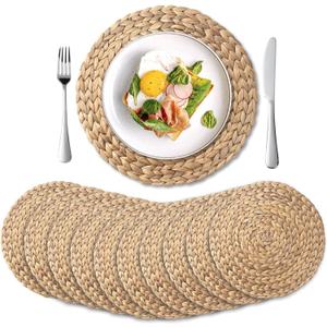 10 Pack, Round Woven Placemats, Natural Water Hyacinth Place mats, Braided Straw Table Mats for Dining Table, Christmas Placemats (13.8 inch)