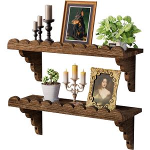 QsQueen Scalloped Wood Wall Shelf – 17 Inch Floating Shelf with Wood Brackets, Easy to Install Rustic Wall Shelf for Living Room, Bedroom, Bathroom, or Any Space, Brown