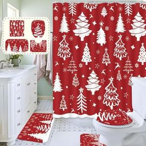 KMCCUMBER 4 Pcs Christmas Bathroom Sets with Christmas Shower Curtain Non Slip Rug Toilet Lid Cover and Bath Mat, Winter Shower Curtain Set for Kitchen Toilet Bathroom Decor (Red)