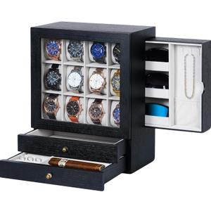 Large Watch Box for Men - 12-Slot Watch Display Case with Side Drawers for Sunglasses Necklaces, 2 Bottom Drawers for Jewelry Rings and More - Gift for Your Loved Ones, Black and Gray