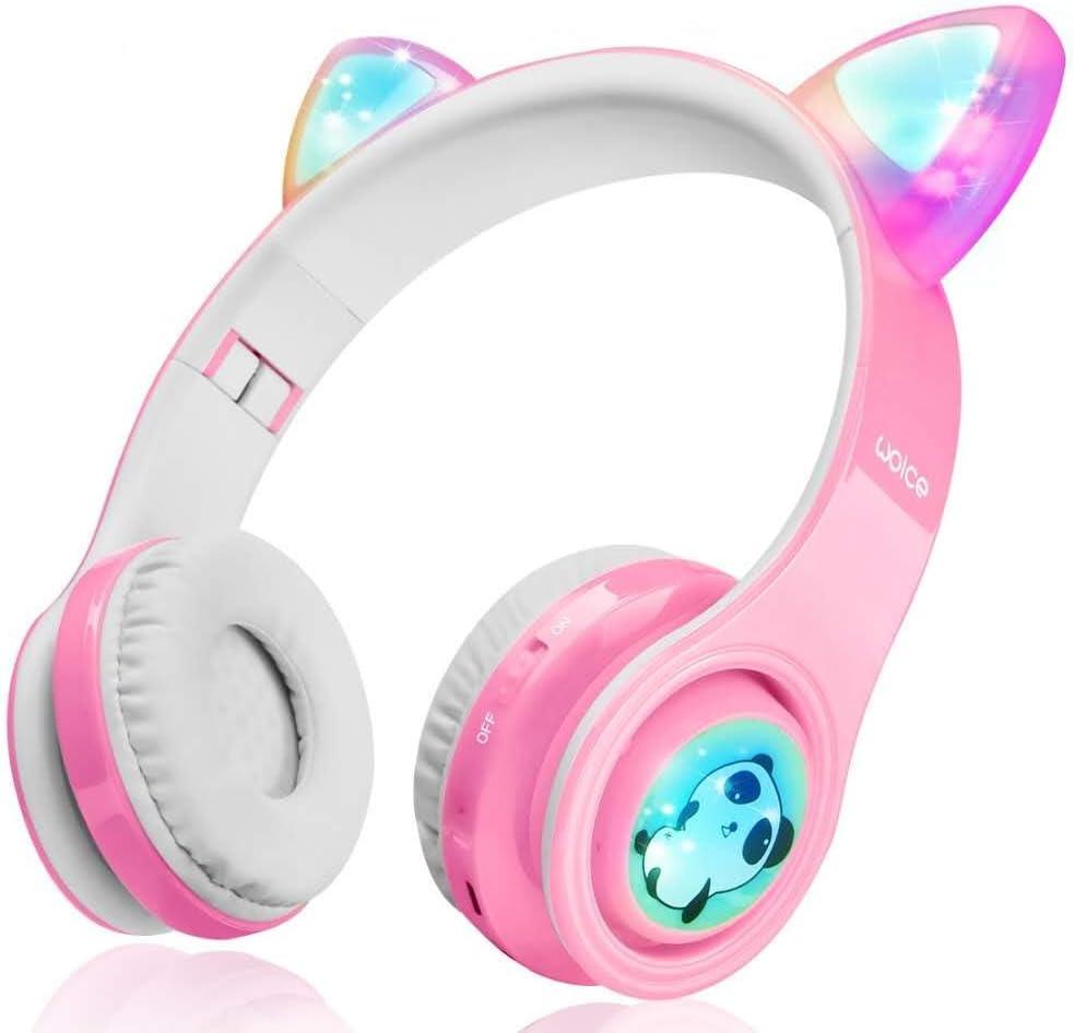 Girls Wireless Headphones, LED Flashing Lights, Music Sharing Function, Stereo Sound, SD Card Slot and Build-in Mic Wireless/Wired Children Bluetooth Headphones for Girls (Pink)