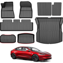 Powerty Floor Mats for 2024 2025 2026 Tesla Model 3 Highland 8 PCS Floor Cargo Liners Full Set All Weather TPE 3D 2 Row Liner Front Rear Storage Mat and Rear Seat Back Mats