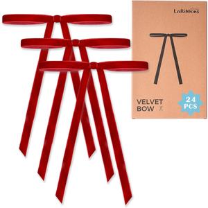 LaRibbons 24 Pcs Red Velvet Bows for Christmas Tree, Door, Garland, Wreath, 3/8" Wide, 5"x7", Vintage Style