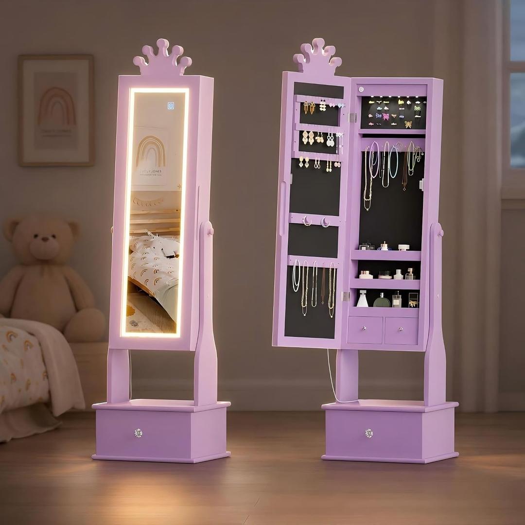 Garvee Kids Mirror Jewelry Cabinet with LED Lights Lockable standing armoire features adjustable angles and bright lighting to organize girls rings or necklaces securely, 
Item Dimensions D x W x H	35.43"D x 7.28"W x 14.49"H