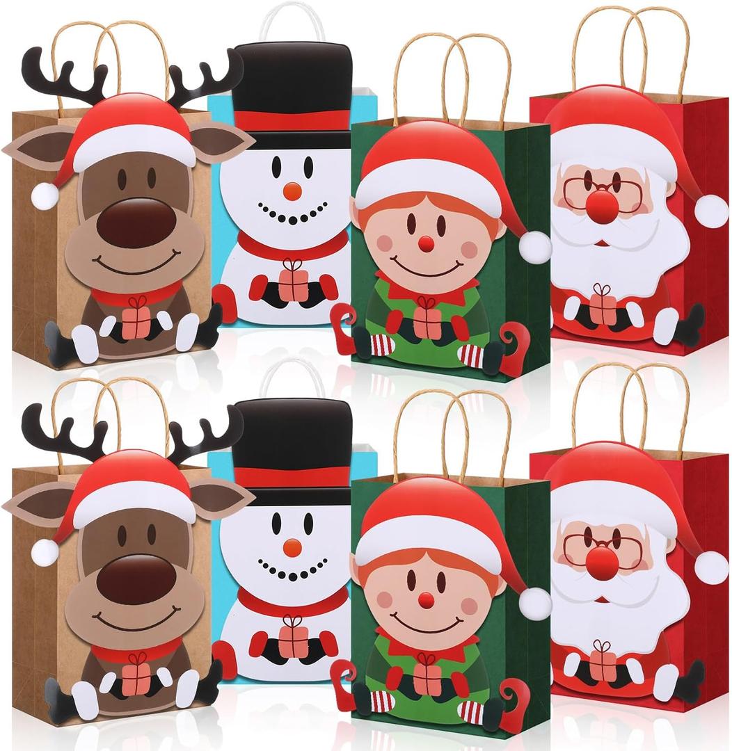 24 Pcs Small Christmas Treat Bags Goodie Bags with Handles for Christmas Party Favors Supplies, Santa Claus Elf Snowman Reindeer Pattern Xmas Gift Bags for Chrismas Winter Holiday Party Decorations